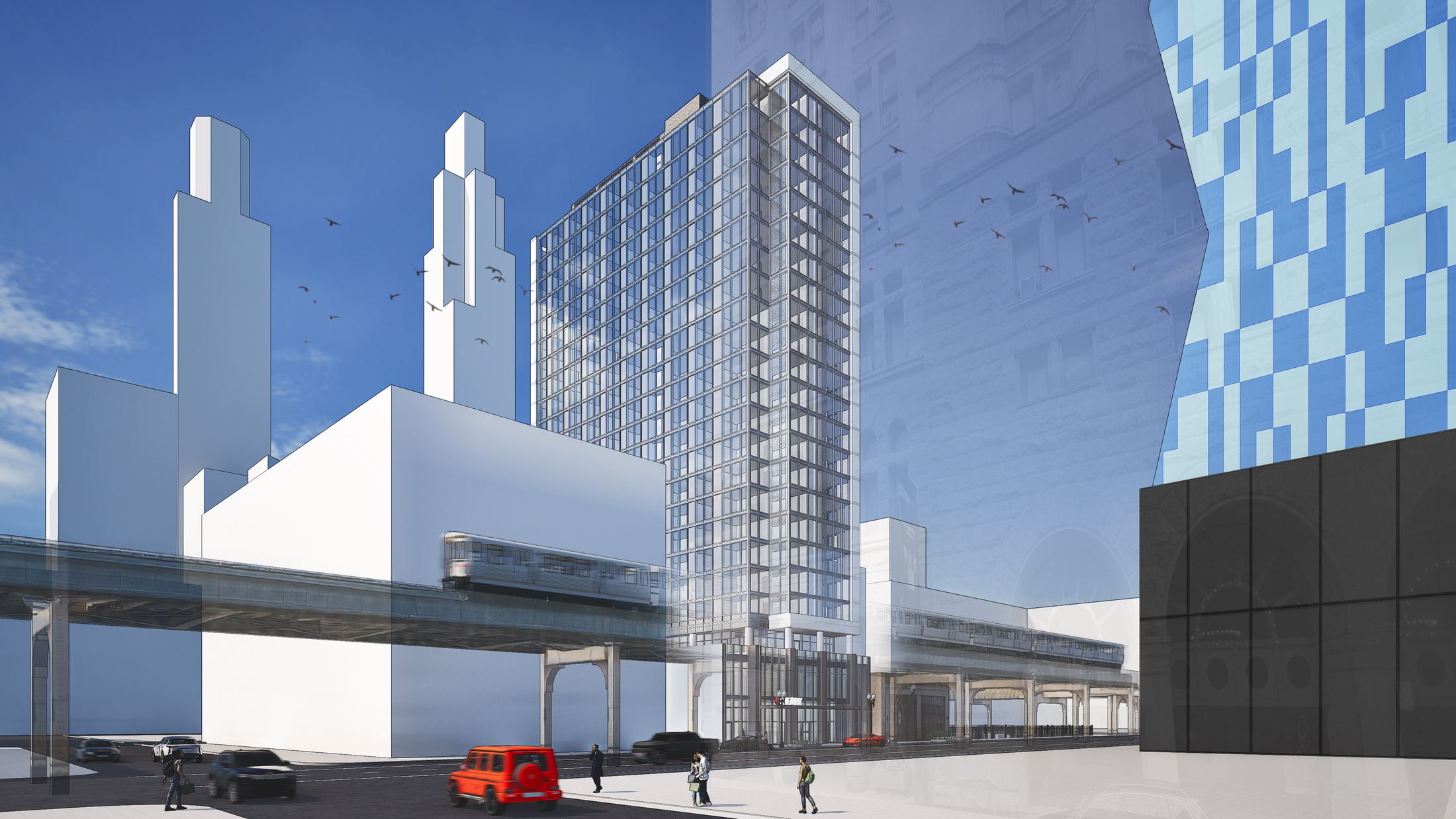 424 S Wabash hotel tower rendering with Chicago skyline, Loop