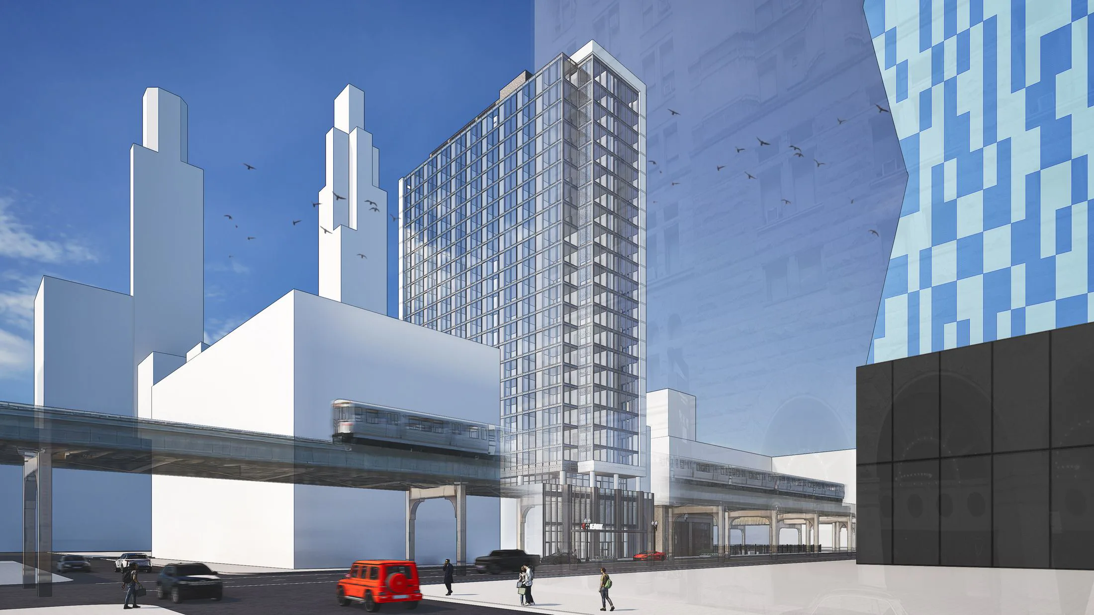 424 S Wabash hotel tower rendering with Chicago skyline, Loop